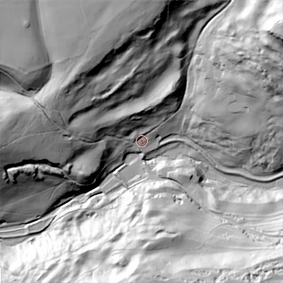 Shaded relief map of the ground around GL76LN, computed from Environment Agency LiDAR. The ground here sits at about 113 m above sea level and falls 84 m across the surrounding 800 m. Surface water reaching this point runs off ground lying to the north-north-west, 22.9 m higher.