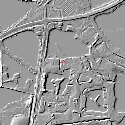 Shaded relief map of the ground around GL76QE, computed from Environment Agency LiDAR. The ground here sits at about 88 m above sea level and falls 7 m across the surrounding 800 m. Surface water reaching this point runs off ground lying to the south-west, 5.1 m higher.