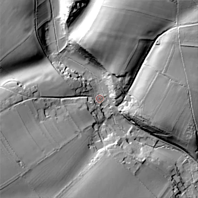Shaded relief map of the ground around GL77AA, computed from Environment Agency LiDAR. The ground here sits at about 132 m above sea level and falls 45 m across the surrounding 800 m. Surface water reaching this point runs off ground lying to the north-north-east, 39.9 m higher.