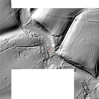 Shaded relief map of the ground around GL77AD, computed from Environment Agency LiDAR. The ground here sits at about 132 m above sea level and falls 45 m across the surrounding 800 m. Surface water reaching this point runs off ground lying to the north-north-east, 35.4 m higher.