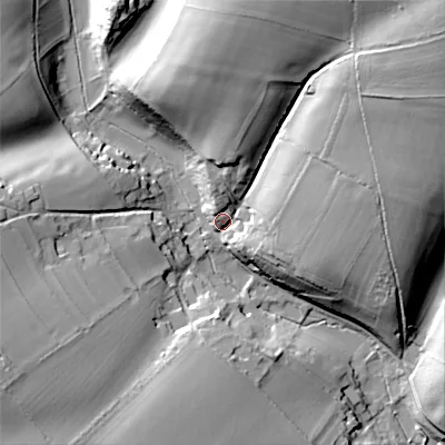 Shaded relief map of the ground around GL77AE, computed from Environment Agency LiDAR. The ground here sits at about 136 m above sea level and falls 47 m across the surrounding 800 m. Surface water reaching this point runs off ground lying to the north-east, 40.9 m higher.