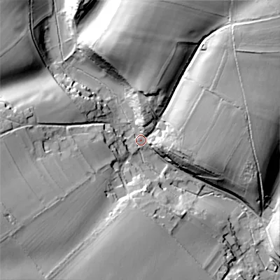 Shaded relief map of the ground around GL77AF, computed from Environment Agency LiDAR. The ground here sits at about 133 m above sea level and falls 46 m across the surrounding 800 m. Surface water reaching this point runs off ground lying to the north-east, 41.8 m higher.