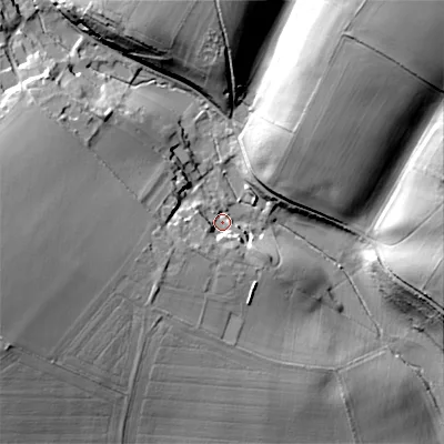 Shaded relief map of the ground around GL77AH, computed from Environment Agency LiDAR. The ground here sits at about 132 m above sea level and falls 43 m across the surrounding 800 m. Surface water reaching this point runs off ground lying to the south-west, 9.9 m higher.