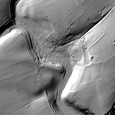 Shaded relief map of the ground around GL77AR, computed from Environment Agency LiDAR. The ground here sits at about 145 m above sea level and falls 53 m across the surrounding 800 m. Surface water reaching this point runs off ground lying to the east-north-east, 48.1 m higher.