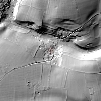 Shaded relief map of the ground around GL77AS, computed from Environment Agency LiDAR. The ground here sits at about 172 m above sea level and falls 55 m across the surrounding 800 m. Surface water reaching this point runs off ground lying to the west-south-west, 20.6 m higher.
