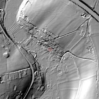 Shaded relief map of the ground around GL77BB, computed from Environment Agency LiDAR. The ground here sits at about 121 m above sea level and falls 41 m across the surrounding 800 m. Surface water reaching this point runs off ground lying to the north-east, 36.9 m higher.