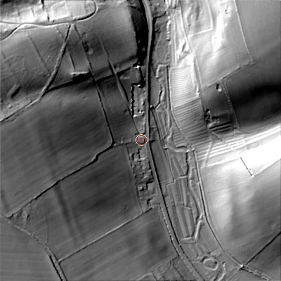 Shaded relief map of the ground around GL77BU, computed from Environment Agency LiDAR. The ground here sits at about 133 m above sea level and falls 50 m across the surrounding 800 m. Surface water reaching this point runs off ground lying to the west-south-west, 39.8 m higher.