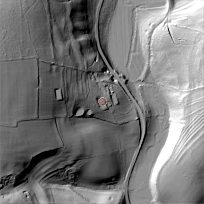 Shaded relief map of the ground around GL77BY, computed from Environment Agency LiDAR. The ground here sits at about 158 m above sea level and falls 75 m across the surrounding 800 m. Surface water reaching this point runs off ground lying to the west-north-west, 24.3 m higher.