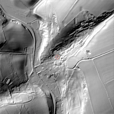 Shaded relief map of the ground around GL77BZ, computed from Environment Agency LiDAR. The ground here sits at about 139 m above sea level and falls 64 m across the surrounding 800 m. Surface water reaching this point runs off ground lying to the north-east, 55.5 m higher.
