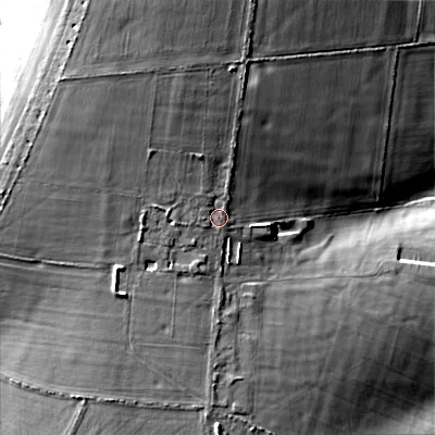 Shaded relief map of the ground around GL77DF, computed from Environment Agency LiDAR. The ground here sits at about 205 m above sea level and falls 20 m across the surrounding 800 m. Surface water reaching this point runs off ground lying to the west-north-west, 5.5 m higher.