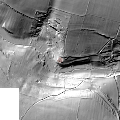 Shaded relief map of the ground around GL77DU, computed from Environment Agency LiDAR. The ground here sits at about 142 m above sea level and falls 62 m across the surrounding 800 m. Surface water reaching this point runs off ground lying to the north-north-east, 8.4 m higher.