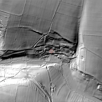 Shaded relief map of the ground around GL77DX, computed from Environment Agency LiDAR. The ground here sits at about 136 m above sea level and falls 63 m across the surrounding 800 m. Surface water reaching this point runs off ground lying to the north, 48.1 m higher.