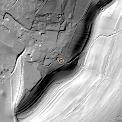 Shaded relief map of the ground around GL77HE, computed from Environment Agency LiDAR. The ground here sits at about 165 m above sea level and falls 70 m across the surrounding 800 m. Surface water reaching this point runs off ground lying to the north-north-west, 8.0 m higher.