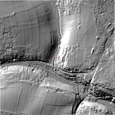 Shaded relief map of the ground around GL88BX, computed from Environment Agency LiDAR. The ground here sits at about 104 m above sea level and falls 23 m across the surrounding 800 m. Surface water reaching this point runs off ground lying to the north-west, 18.9 m higher.