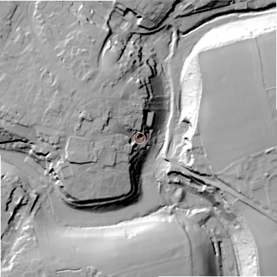 Shaded relief map of the ground around GL88DL, computed from Environment Agency LiDAR. The ground here sits at about 108 m above sea level and falls 33 m across the surrounding 800 m. Surface water reaching this point runs off ground lying to the west-north-west, 14.9 m higher.