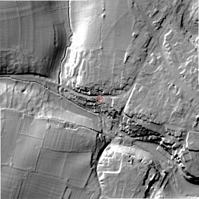 Shaded relief map of the ground around GL88DY, computed from Environment Agency LiDAR. The ground here sits at about 110 m above sea level and falls 23 m across the surrounding 800 m. Surface water reaching this point runs off ground lying to the east, 14.7 m higher.