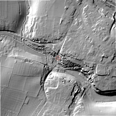 Shaded relief map of the ground around GL88DZ, computed from Environment Agency LiDAR. The ground here sits at about 106 m above sea level and falls 23 m across the surrounding 800 m. Surface water reaching this point runs off ground lying to the east-north-east, 14.0 m higher.