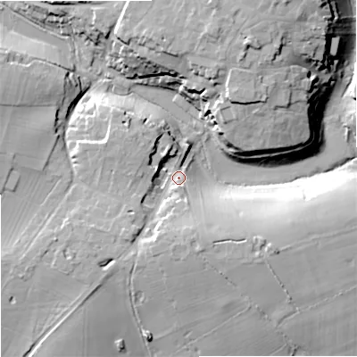 Shaded relief map of the ground around GL88EF, computed from Environment Agency LiDAR. The ground here sits at about 107 m above sea level and falls 26 m across the surrounding 800 m. Surface water reaching this point runs off ground lying to the south-south-west, 11.1 m higher.