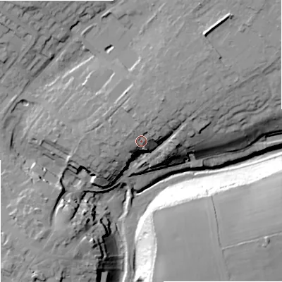 Shaded relief map of the ground around GL88EY, computed from Environment Agency LiDAR. The ground here sits at about 120 m above sea level and falls 29 m across the surrounding 800 m. Surface water reaching this point runs off ground lying to the north-north-east, 5.4 m higher.