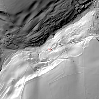 Shaded relief map of the ground around GL88NE, computed from Environment Agency LiDAR. The ground here sits at about 112 m above sea level and falls 71 m across the surrounding 800 m. Surface water reaching this point runs off ground lying to the south-south-east, 55.8 m higher.