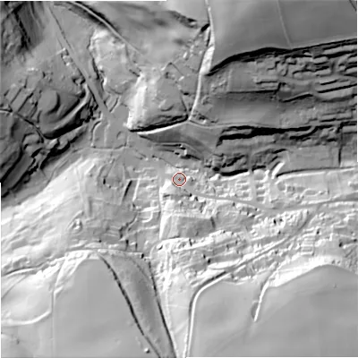Shaded relief map of the ground around GL88NF, computed from Environment Agency LiDAR. The ground here sits at about 102 m above sea level and falls 72 m across the surrounding 800 m. Surface water reaching this point runs off ground lying to the south-south-east, 60.8 m higher.