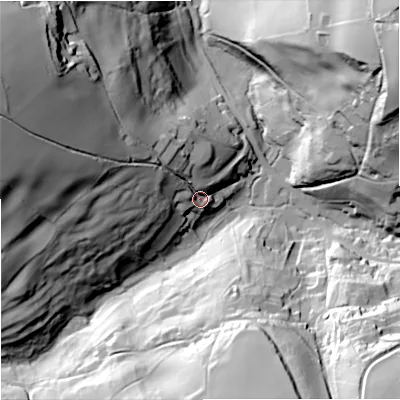 Shaded relief map of the ground around GL88NG, computed from Environment Agency LiDAR. The ground here sits at about 104 m above sea level and falls 70 m across the surrounding 800 m. Surface water reaching this point runs off ground lying to the west-north-west, 57.5 m higher.