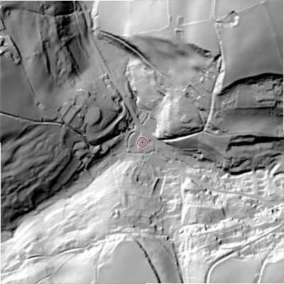 Shaded relief map of the ground around GL88NL, computed from Environment Agency LiDAR. The ground here sits at about 95 m above sea level and falls 71 m across the surrounding 800 m. Surface water reaching this point runs off ground lying to the south-east, 61.6 m higher.