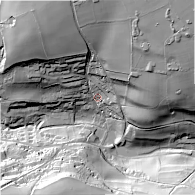 Shaded relief map of the ground around GL88NR, computed from Environment Agency LiDAR. The ground here sits at about 117 m above sea level and falls 68 m across the surrounding 800 m. Surface water reaching this point runs off ground lying to the north-north-east, 52.4 m higher.