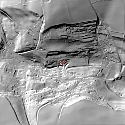 Shaded relief map of the ground around GL88PB, computed from Environment Agency LiDAR. The ground here sits at about 105 m above sea level and falls 70 m across the surrounding 800 m. Surface water reaching this point runs off ground lying to the north-east, 60.5 m higher.