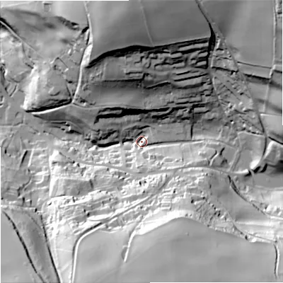 Shaded relief map of the ground around GL88PD, computed from Environment Agency LiDAR. The ground here sits at about 103 m above sea level and falls 69 m across the surrounding 800 m. Surface water reaching this point runs off ground lying to the north-east, 60.6 m higher.