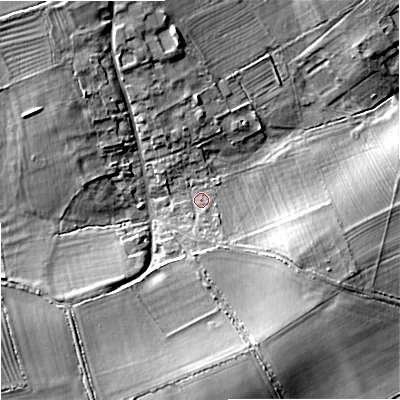 Shaded relief map of the ground around GL88PP, computed from Environment Agency LiDAR. The ground here sits at about 100 m above sea level and falls 11 m across the surrounding 800 m. Surface water reaching this point runs off ground lying to the south, 3.4 m higher.