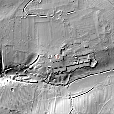 Shaded relief map of the ground around GL88QG, computed from Environment Agency LiDAR. The ground here sits at about 118 m above sea level and falls 17 m across the surrounding 800 m. Surface water reaching this point runs off ground lying to the north, 1.4 m higher.