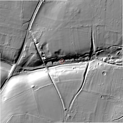 Shaded relief map of the ground around GL88QT, computed from Environment Agency LiDAR. The ground here sits at about 113 m above sea level and falls 24 m across the surrounding 800 m. Surface water reaching this point runs off ground lying to the north-north-west, 16.5 m higher.