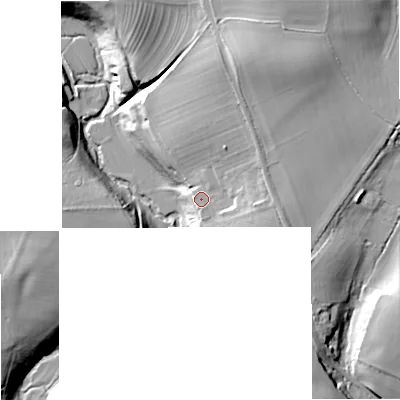 Shaded relief map of the ground around GL88RP, computed from Environment Agency LiDAR. The ground here sits at about 95 m above sea level and falls 25 m across the surrounding 800 m. Surface water reaching this point runs off ground lying to the north-north-east, 6.0 m higher.