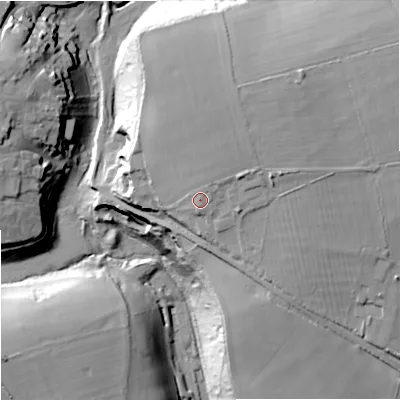 Shaded relief map of the ground around GL88XA, computed from Environment Agency LiDAR. The ground here sits at about 120 m above sea level and falls 35 m across the surrounding 800 m. Surface water reaching this point runs off ground lying to the north-north-east, 4.8 m higher.