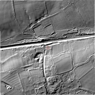 Shaded relief map of the ground around GL91HE, computed from Environment Agency LiDAR. The ground here sits at about 123 m above sea level and falls 17 m across the surrounding 800 m. Surface water reaching this point runs off ground lying to the south-south-east, 8.5 m higher.