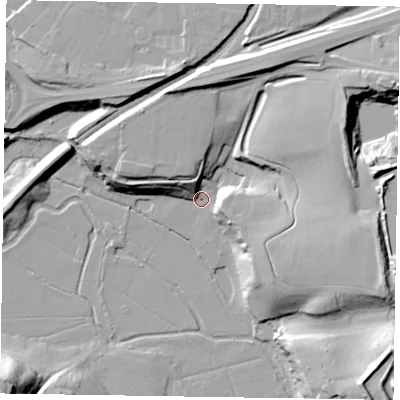 Shaded relief map of the ground around GU101NS, computed from Environment Agency LiDAR. The ground here sits at about 63 m above sea level and falls 30 m across the surrounding 800 m. Surface water reaching this point runs off ground lying to the east-south-east, 19.4 m higher.