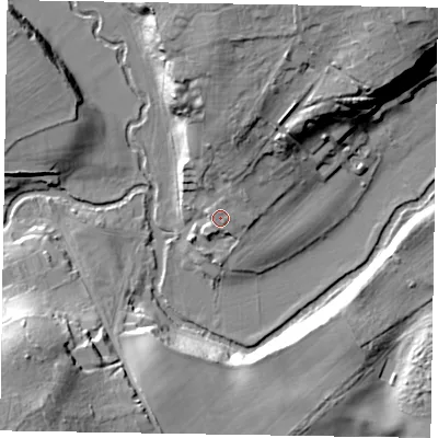 Shaded relief map of the ground around GU102BN, computed from Environment Agency LiDAR. The ground here sits at about 54 m above sea level and falls 27 m across the surrounding 800 m. Surface water reaching this point runs off ground lying to the north-north-east, 1.3 m higher.