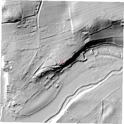 Shaded relief map of the ground around GU102BP, computed from Environment Agency LiDAR. The ground here sits at about 66 m above sea level and falls 38 m across the surrounding 800 m. Surface water reaching this point runs off ground lying to the north-north-west, 8.5 m higher.