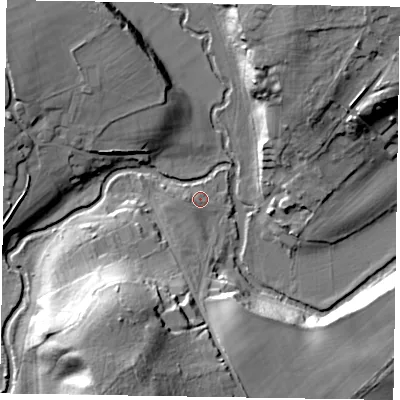Shaded relief map of the ground around GU102BU, computed from Environment Agency LiDAR. The ground here sits at about 50 m above sea level and falls 27 m across the surrounding 800 m. Surface water reaching this point runs off ground lying to the south-south-west, 5.4 m higher.