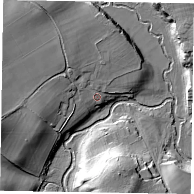 Shaded relief map of the ground around GU102BX, computed from Environment Agency LiDAR. The ground here sits at about 54 m above sea level and falls 26 m across the surrounding 800 m. Surface water reaching this point runs off ground lying to the west-south-west, 15.1 m higher.