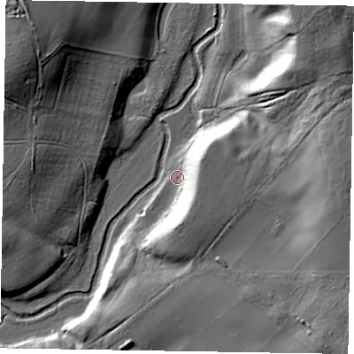 Shaded relief map of the ground around GU102DB, computed from Environment Agency LiDAR. The ground here sits at about 52 m above sea level and falls 26 m across the surrounding 800 m. Surface water reaching this point runs off ground lying to the east-north-east, 16.6 m higher.