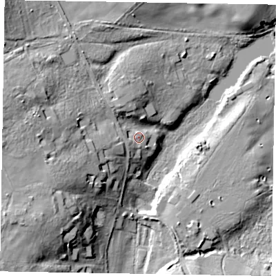 Shaded relief map of the ground around GU102DD, computed from Environment Agency LiDAR. The ground here sits at about 59 m above sea level and falls 24 m across the surrounding 800 m. Surface water reaching this point runs off ground lying to the south-west, 3.5 m higher.