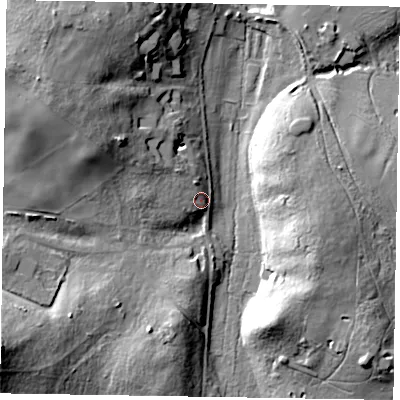 Shaded relief map of the ground around GU102DF, computed from Environment Agency LiDAR. The ground here sits at about 60 m above sea level and falls 25 m across the surrounding 800 m. Surface water reaching this point runs off ground lying to the west-north-west, 4.3 m higher.