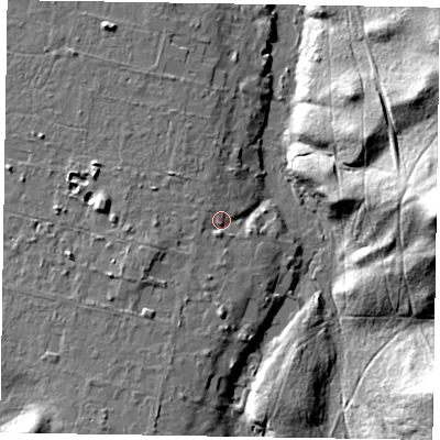 Shaded relief map of the ground around GU102ED, computed from Environment Agency LiDAR. The ground here sits at about 66 m above sea level and falls 31 m across the surrounding 800 m. Surface water reaching this point runs off ground lying to the south-west, 2.7 m higher.