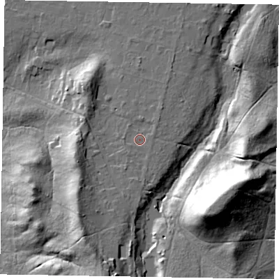 Shaded relief map of the ground around GU102EP, computed from Environment Agency LiDAR. The ground here sits at about 73 m above sea level and falls 37 m across the surrounding 800 m. Surface water reaching this point runs off ground lying to the south-south-west, 3.9 m higher.