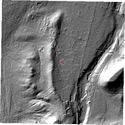 Shaded relief map of the ground around GU102ES, computed from Environment Agency LiDAR. The ground here sits at about 75 m above sea level and falls 39 m across the surrounding 800 m. Surface water reaching this point runs off ground lying to the south-west, 6.6 m higher.