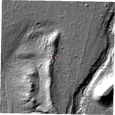 Shaded relief map of the ground around GU102ET, computed from Environment Agency LiDAR. The ground here sits at about 73 m above sea level and falls 39 m across the surrounding 800 m. Surface water reaching this point runs off ground lying to the south-west, 6.2 m higher.