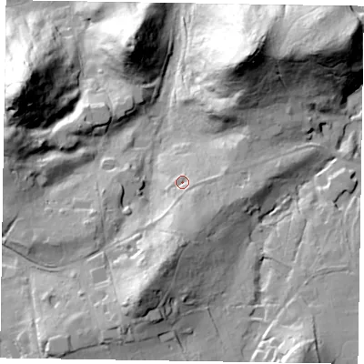 Shaded relief map of the ground around GU102LB, computed from Environment Agency LiDAR. The ground here sits at about 91 m above sea level and falls 61 m across the surrounding 800 m. Surface water reaching this point runs off ground lying to the south, 15.5 m higher.