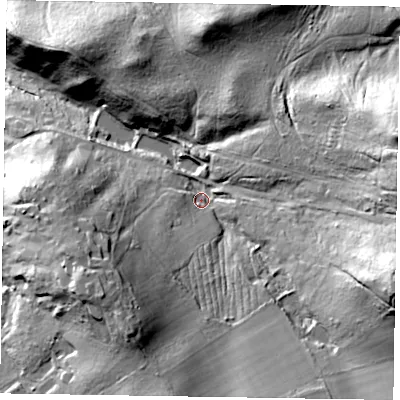 Shaded relief map of the ground around GU102LQ, computed from Environment Agency LiDAR. The ground here sits at about 87 m above sea level and falls 49 m across the surrounding 800 m. Surface water reaching this point runs off ground lying to the east-south-east, 38.3 m higher.